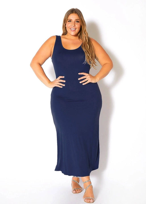 Bellatrix Plus Size Round Neck Sleeveless Maxi Dress- Navy