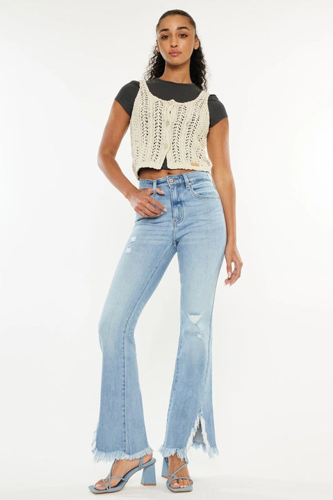 Kan Can High Rise Leg Distress Bootcut Light Wash Jeans