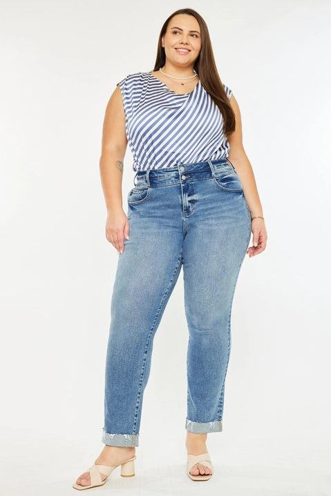 Plus Size: Kan Can High Rise slim Straight Jeans Medium Denim Wash