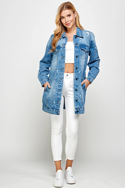 Women's Distressed Medium Washed Denim Jacket