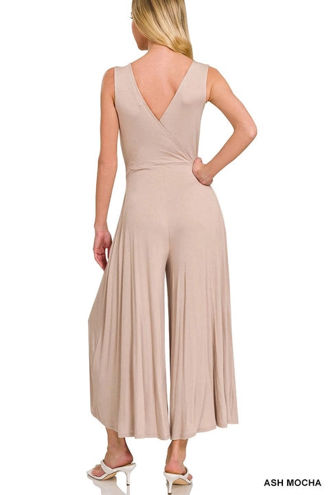 Luxe Rayon Surplice Neckline Sleeveless Jumpsuit Light Mocha