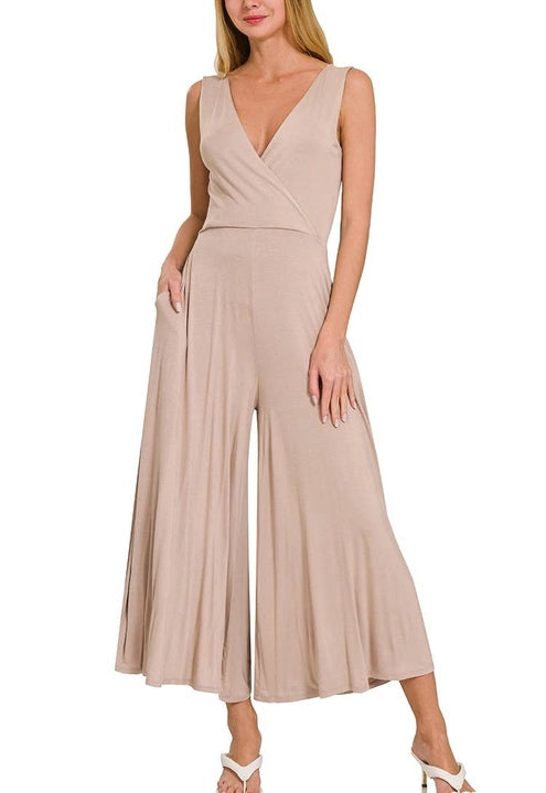 Luxe Rayon Surplice Neckline Sleeveless Jumpsuit Light Mocha