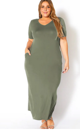 Plus Size V Neck Short Sleeve Maxi Dress with Pockets- Olive/Black