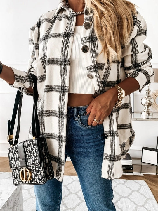Flannel Plaid Wool Blend Shirt Oversized Button Down Jacket White Black