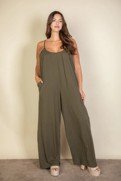 Plus Size Olive Spaghetti Strap Solid Jumpsuit