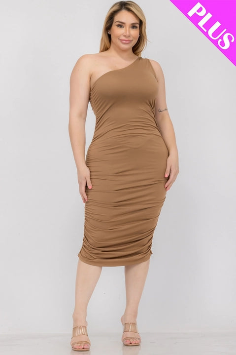 Plus Size Sexy Solid Ruched One Shoulder Mocha Dress