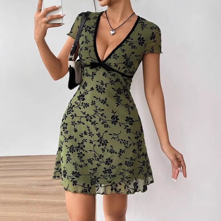 Sexy Green Floral Deep V Neck Mesh Dress